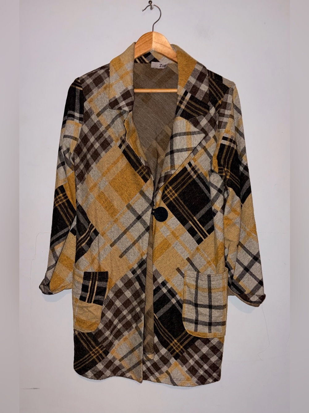 ZOE Patchwork Plaid Cardigan Coat sz M
